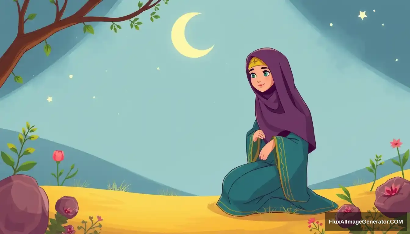 A pious woman named Maryam bint Imran. Maryam is a woman who is very devout in worship and always maintains her purity. She comes from a highly respected family, and since childhood, she was raised in an environment filled with worship and obedience to Allah, create image animation cartoon.