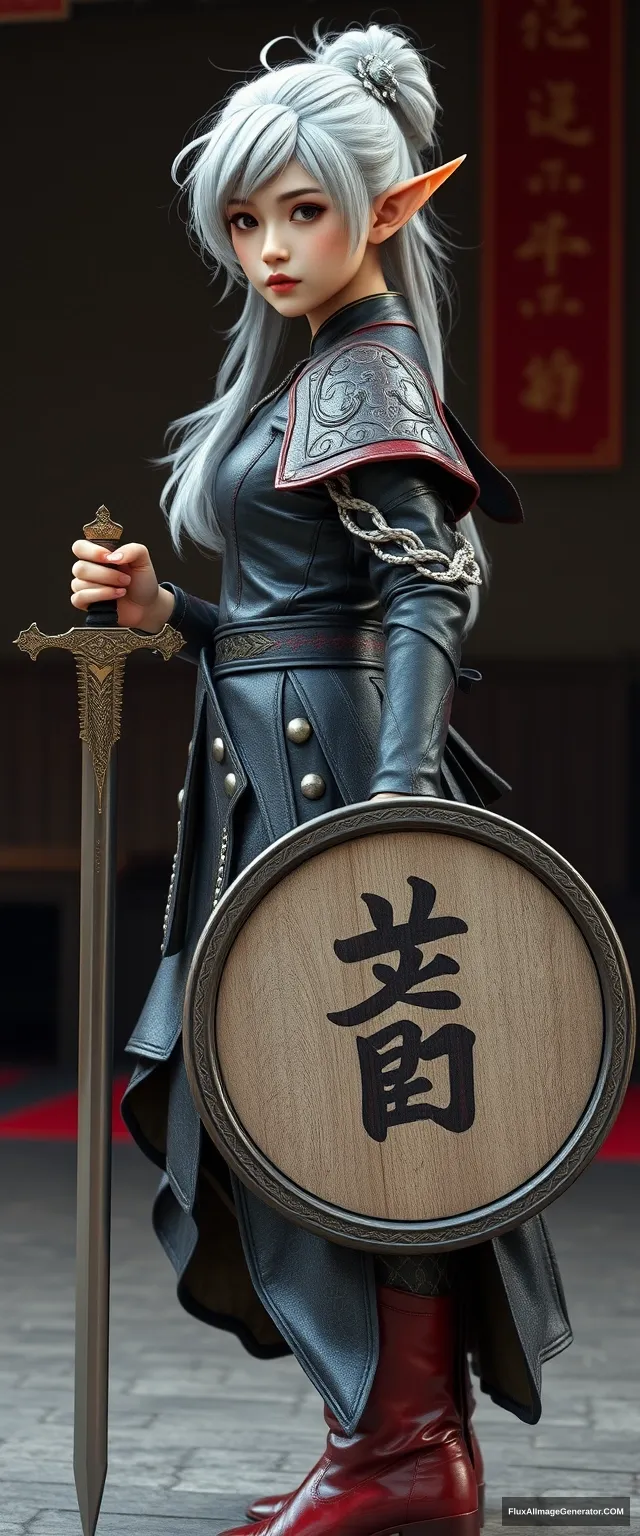 A gorgeous and elegant elf girl (with tousled platinum-colored hair and a silver hairpiece) is wearing leather armor (in traditional Korean clothing style), with the skirt hemline at the back. The pose is on one side of the scene, featuring red leather boots. She is holding a traditional Korean sword and a round shield engraved with "한." This is a hyper-realistic photo created using Unreal Engine, taken from a front shot perspective.