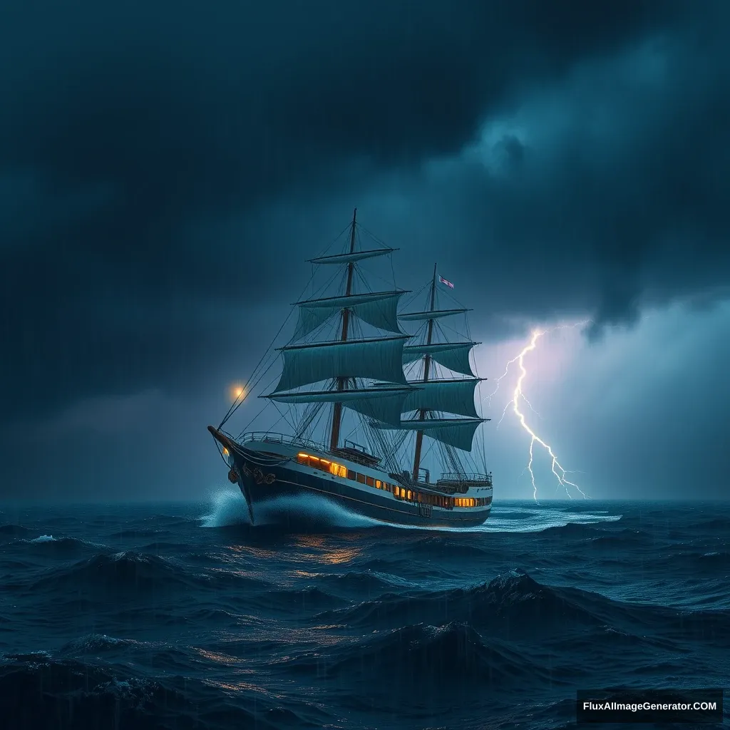 "A ship sailing in a storm, dark sky, heavy rain, lightning." - Image