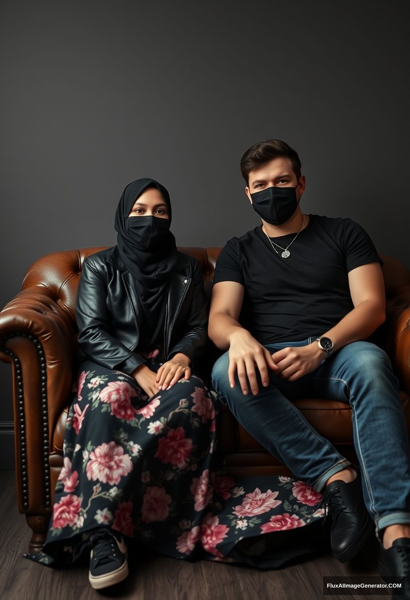 A biggest black hijab girl, slim girl, beautiful eyes, face mask black, black leather jacket, biggest floral long dress, black leather sneaker, sitting on leather single wing sofa, Jamie Dornan, youngest, silver pendant for men, black T-shirt, jeans, black leather sneaker, tall man, face mask black, fit body, sitting near her, hyper realistic, studio photography. - Image