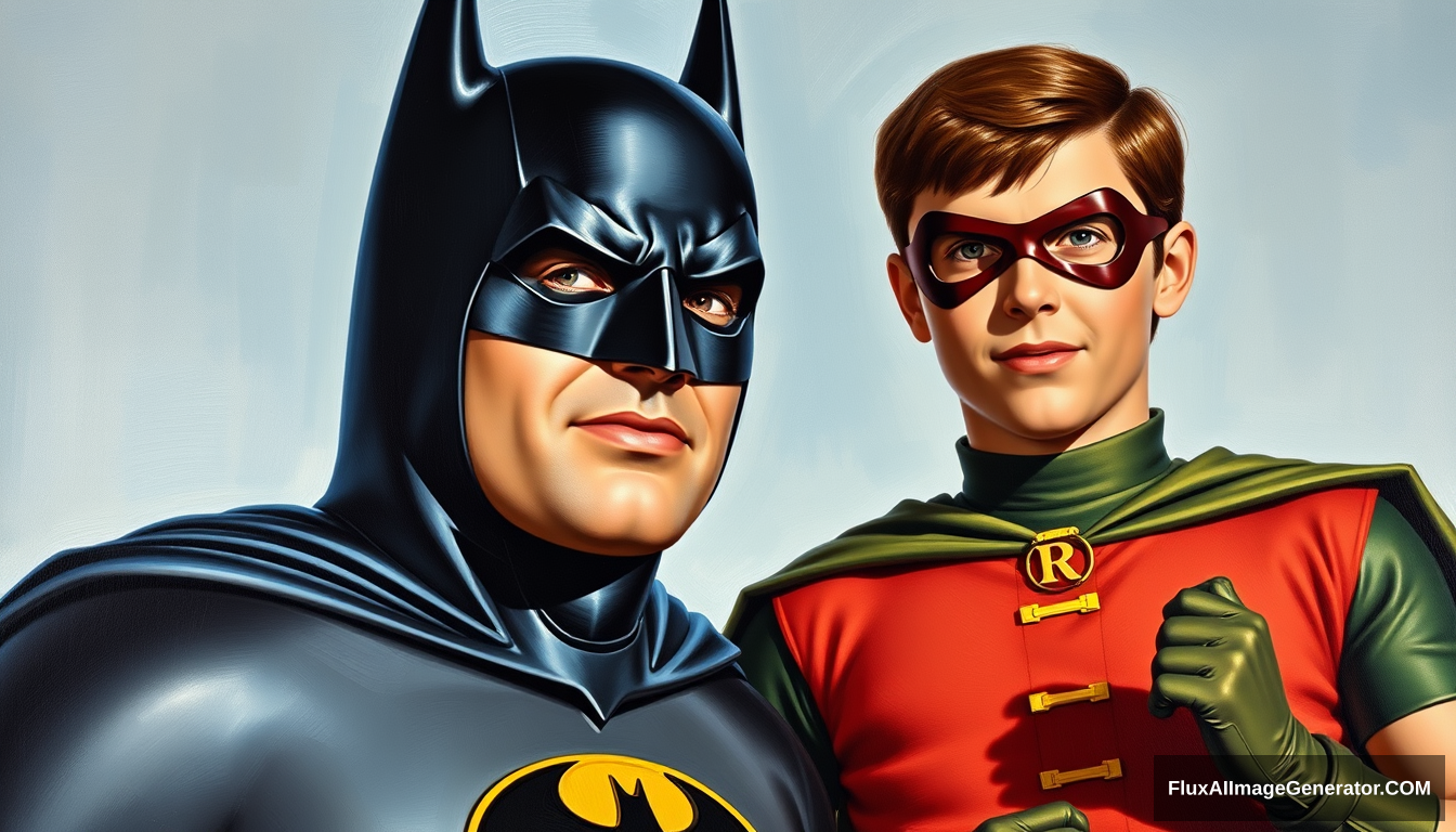 Adam West as Batman and Burt Ward as Robin poster, a painting by Arthur Sarnoff, 4k. - Image