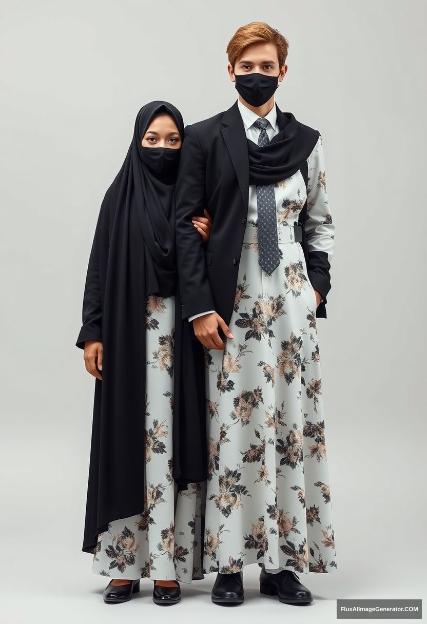 A big black hijab girl, beautiful eyes, black face mask, the longest white floral dress, not tall, standing, holding his arm.

Jamie Dornan, youngest, black suit coat, white shirt, grey patterned tie, black leather sneakers, tall man, black face mask, fit tough body, standing near her, love couple.

Hyper realistic, studio photography, photorealistic.