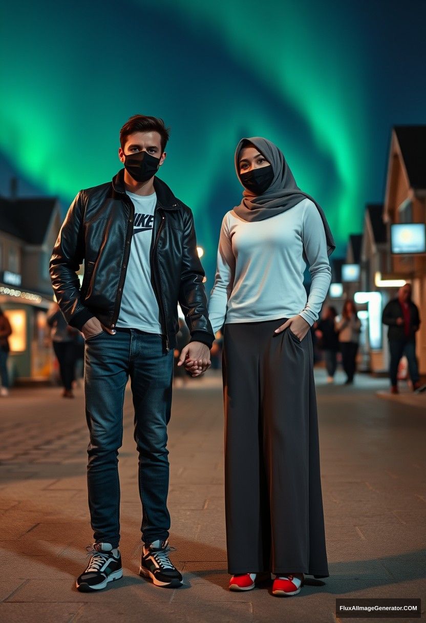 Jamie Dornan, tall, handsome, wearing a black face mask, a long-sleeve white Nike t-shirt, jeans, and sneakers, is dating a beautiful Muslim girl in a grey hijab with beautiful eyes. She is wearing a black face mask, a leather jacket, and a very long and big skirt; she is not tall and is wearing red sneakers. They hold hands and stand together in town, creating a photorealistic street photography scene with full photography and selfie photos, set against a night scenery featuring the aurora.