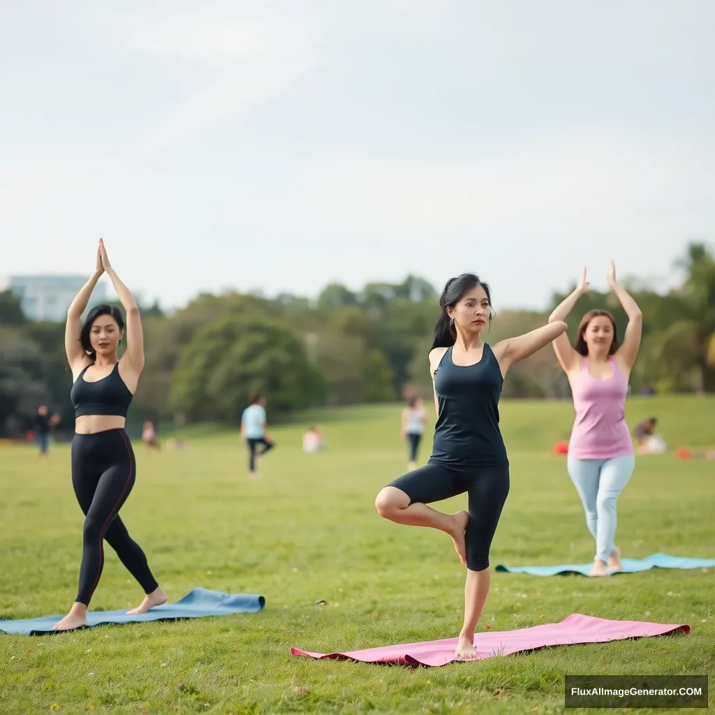 "Women doing yoga in one park after another, Asians, young married women, yoga sportswear."