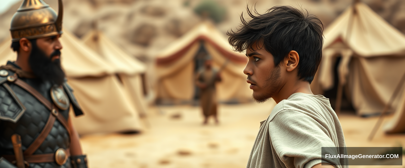 Create an image of two men standing apart and facing off, with a group of four soldiers standing close to the man on the left. The man on the right is young, with his arms stretched out to the sides, looking shocked. He has dark, messy, unkempt hair and a beard, dressed in a simple biblical-era shepherd tunic, and is sternly gazing into the eyes of the man on the left. The man on the left is middle-aged, has a black Jewish beard, and is wearing a full suit of biblical-era leather armor and a conical brass helmet with a pointed tip, staring at the man on the right. The overall mood of the image is one of anxiety and concern. The background features a blurred ancient biblical Jewish army camp with desert Arabic tents. The overall atmosphere is intense and cinematic.