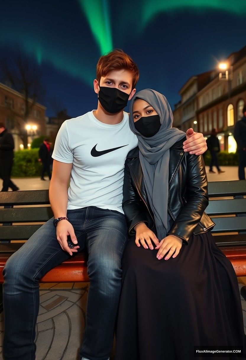 Jamie Dornan, tall, young, wearing a black face mask, a white Nike t-shirt, and jeans, is on a romantic date with a beautiful Muslim girl in a grey hijab, who has striking eyes, a black face mask, a leather jacket, and an exceptionally long and wide skirt; she is not tall. They are sitting together on a park bench, leaning against each other in a town setting, with strangers in the background. The scene is photorealistic, with selfie photos taken in the nighttime, featuring the aurora borealis. - Image