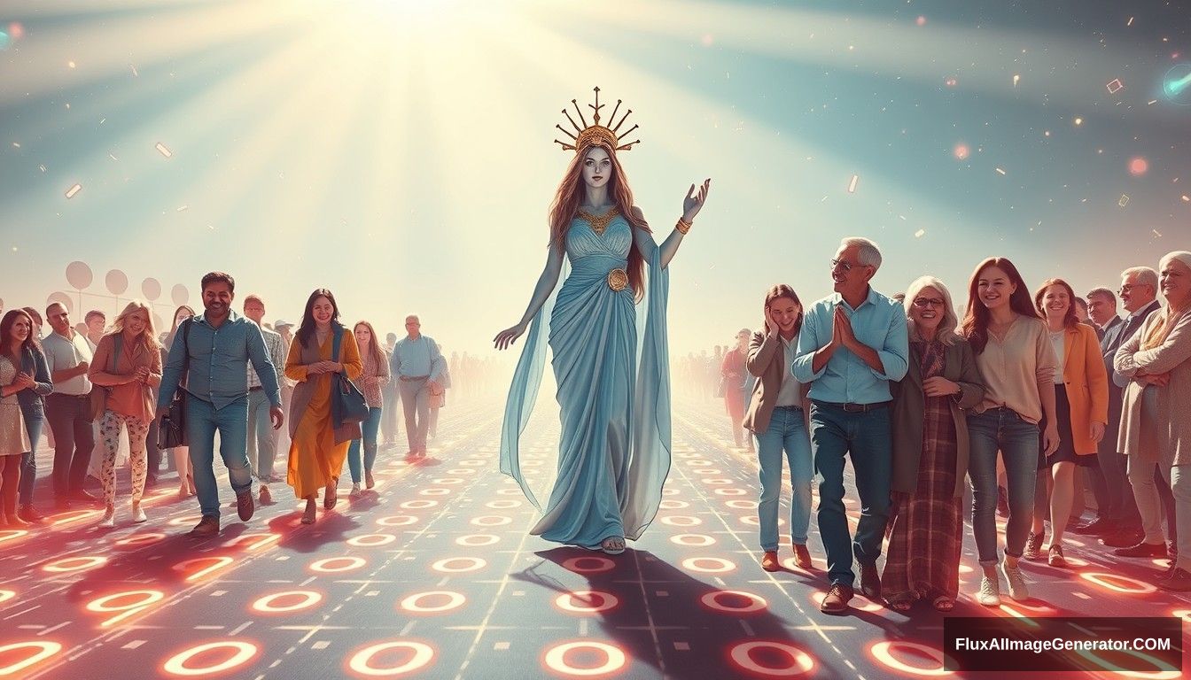 Photorealistic, Instagram-style image featuring a bright and hopeful scene depicting the concept of blockchain and decentralization. In the foreground, a futuristic and sci-fi styled goddess symbolizing blockchain and decentralization leads the people towards a bright future. She stands on a digital road made of glowing lines and various random characters, including 0s and 1s, symbolizing the path of digitalization. She is surrounded by families and individuals of predominantly European descent who are joyous and supportive, embracing and helping each other. The scene is grand and panoramic, with light shining from the front, illuminating the entire scene. The background is filled with elements that evoke a sense of hope and optimism. The overall aesthetic is vibrant and polished, with a modern Instagram filter applied to enhance colors and contrast.