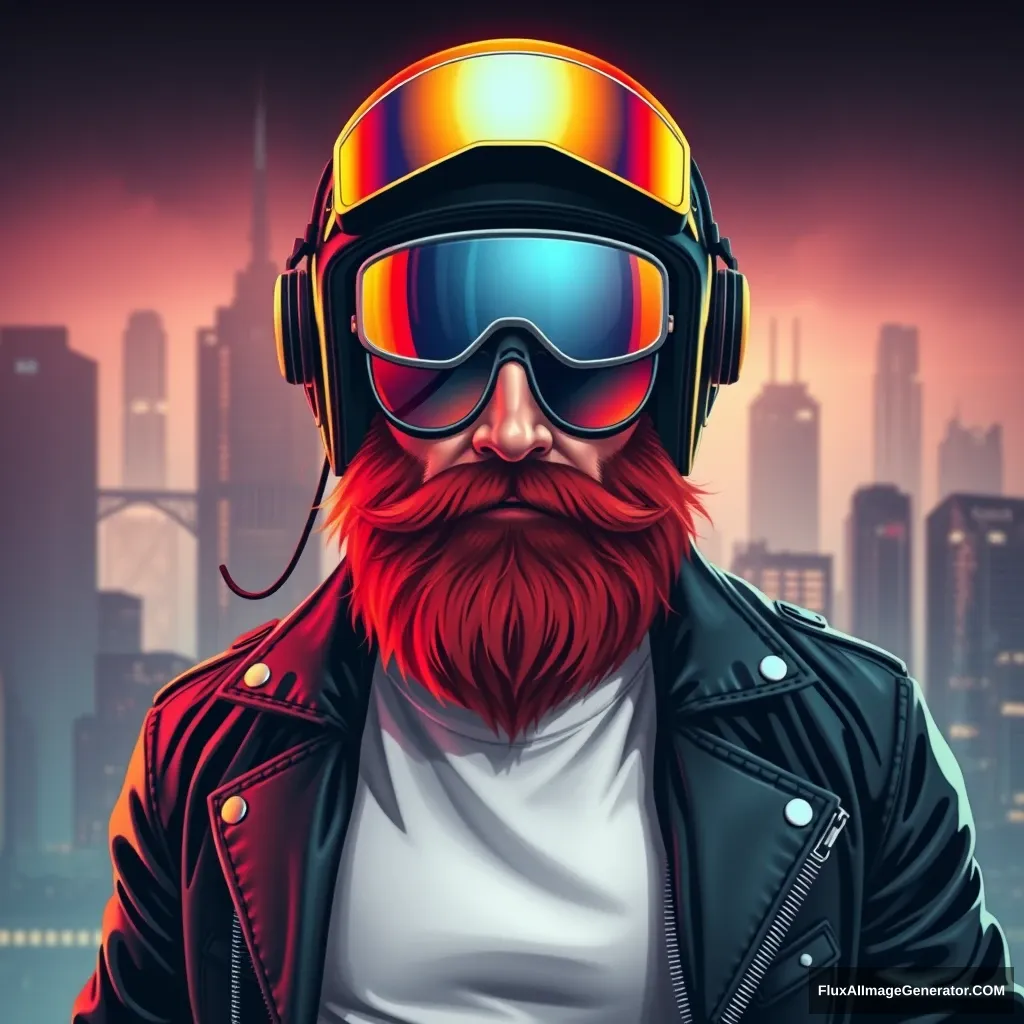 Logo design: rugged man, fiery red beard, reflective aviator sunglasses. Sleek black leather jacket, crisp white t-shirt. Futuristic, iridescent helmet with holographic HUD. Cyberpunk cityscape backdrop. Atmospheric neon glow. Determined expression. Inspired by 80s retro-futurism. Ultra-detailed, cinematic lighting. - Image