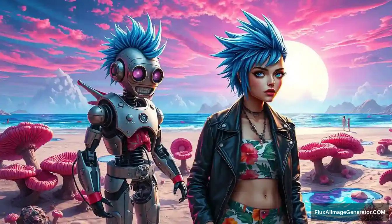 A vivid, high-contrast scene features a punk girl with electric blue spiky hair rendered in the intricate style of Enki Bilal with ray tracing effects. Photo: Digital painting of a vivid, high-contrast scene features a punk girl with electric blue spiky hair and a leather jacket, beside a charming retro-futuristic robot in Hawaiian shorts, on a surreal alien beach adorned with iridescent fungi and shimmering lakes, all beneath a vibrant, dreamlike sky. - Image