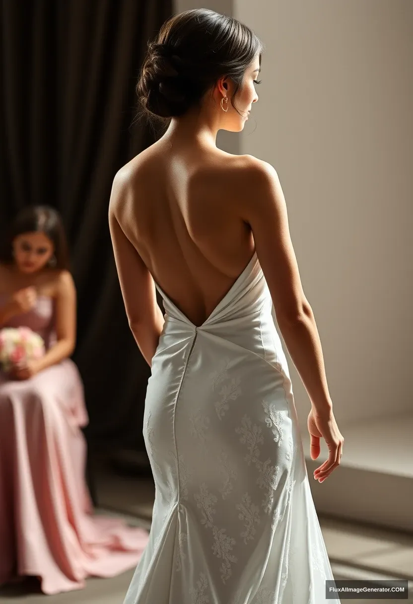 A short young woman, sensitive, delicate, backless strapless side-less low-waisted contouring wedding dress with a loose open back spilling open to the sides, that seems like it was intentionally left undone, in front of elder patriarchy, expectations, perfect posture.