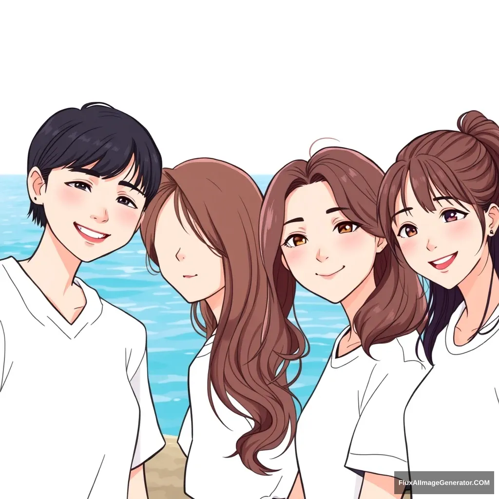 Draw the girl group members like real pictures, not cartoons. Four Korean girls with the ocean in the background. One has short hair and is smiling, one has long hair and is expressionless, one has medium wavy hair and a V-shape, and one has a ponytail and smiling eyes. They are all wearing white shirts.