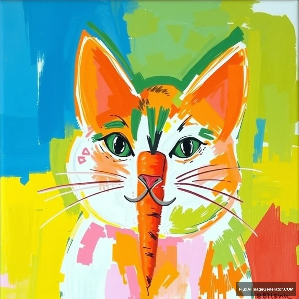 This image is a vibrant, abstract painting created with bold, expressive strokes using acrylic paint on canvas. A carrot shaped like a cat. - Image