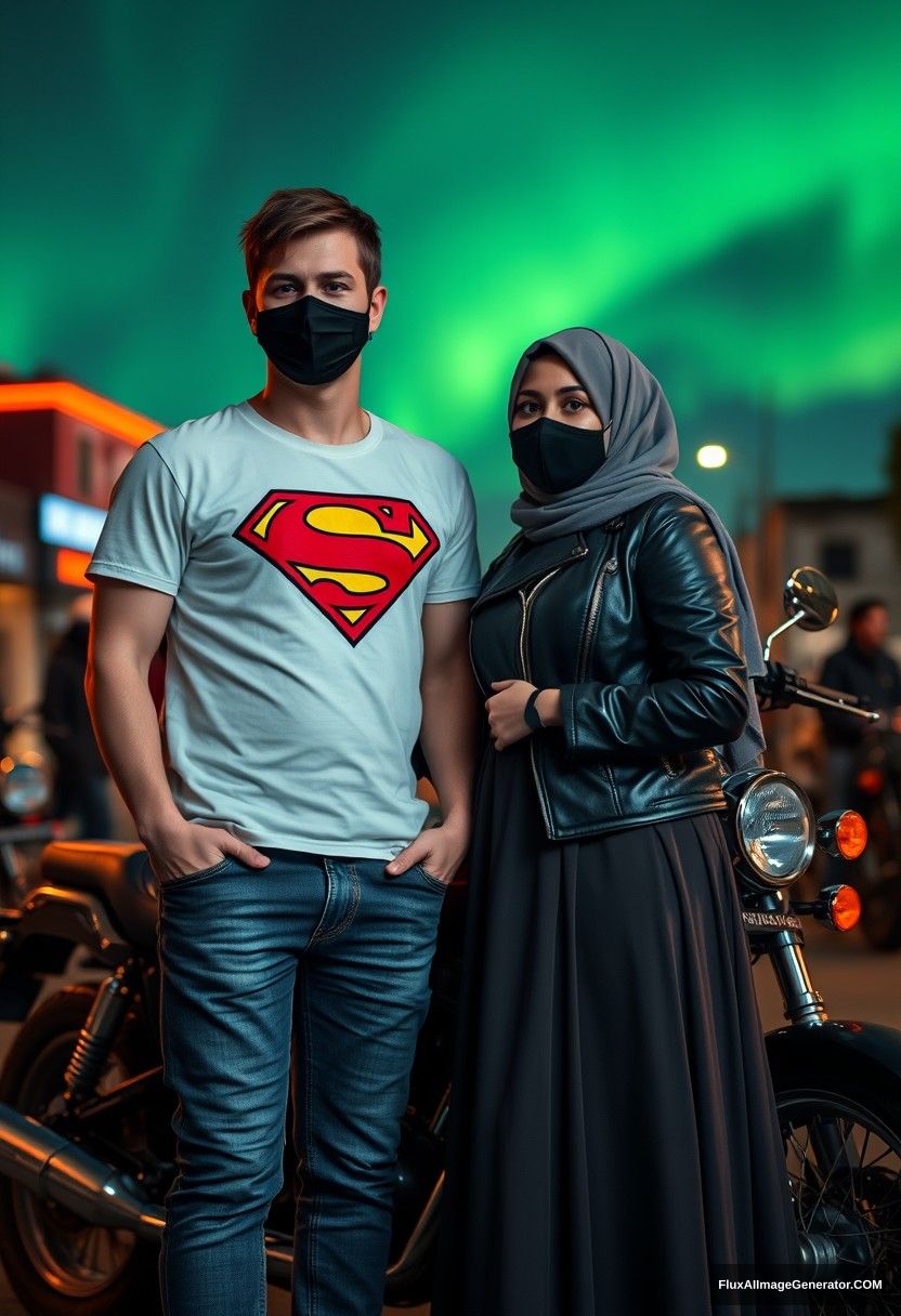 Jamie Dornan, tall, young, wearing a black face mask, a white Superman T-shirt, and jeans, 

is dating a beautiful Muslim girl in a grey hijab, with beautiful eyes, wearing a black face mask and a leather jacket, with a very long and large skirt, who is not tall. 

They are standing next to a motorbike for a photo, a Harley Davidson model, in the town, in a photorealistic style, capturing street photography in nighttime scenery with the aurora borealis.