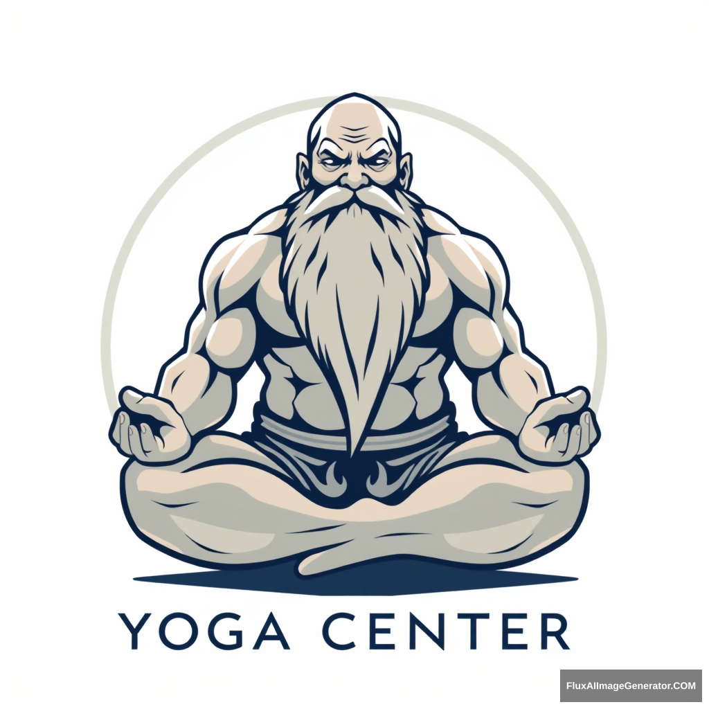 Yoga Center logo: a muscular large bald dwarf in the lotus position with a long beard. - Image