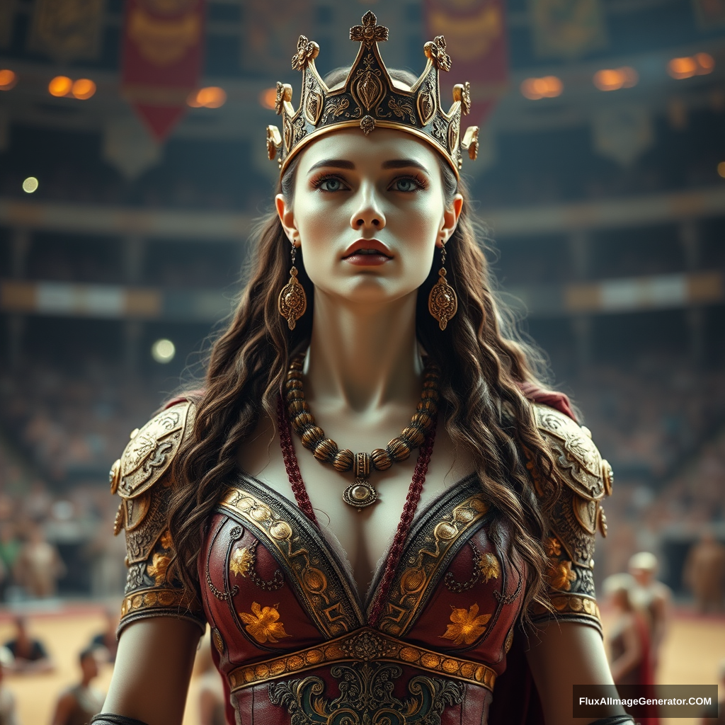 A very, very, very, very beautiful and gorgeous ancient queen of wrestling standing in the arena; she looks incredibly beautiful and gorgeous, has pale white skin, and is wearing royal clothes of wrestling.