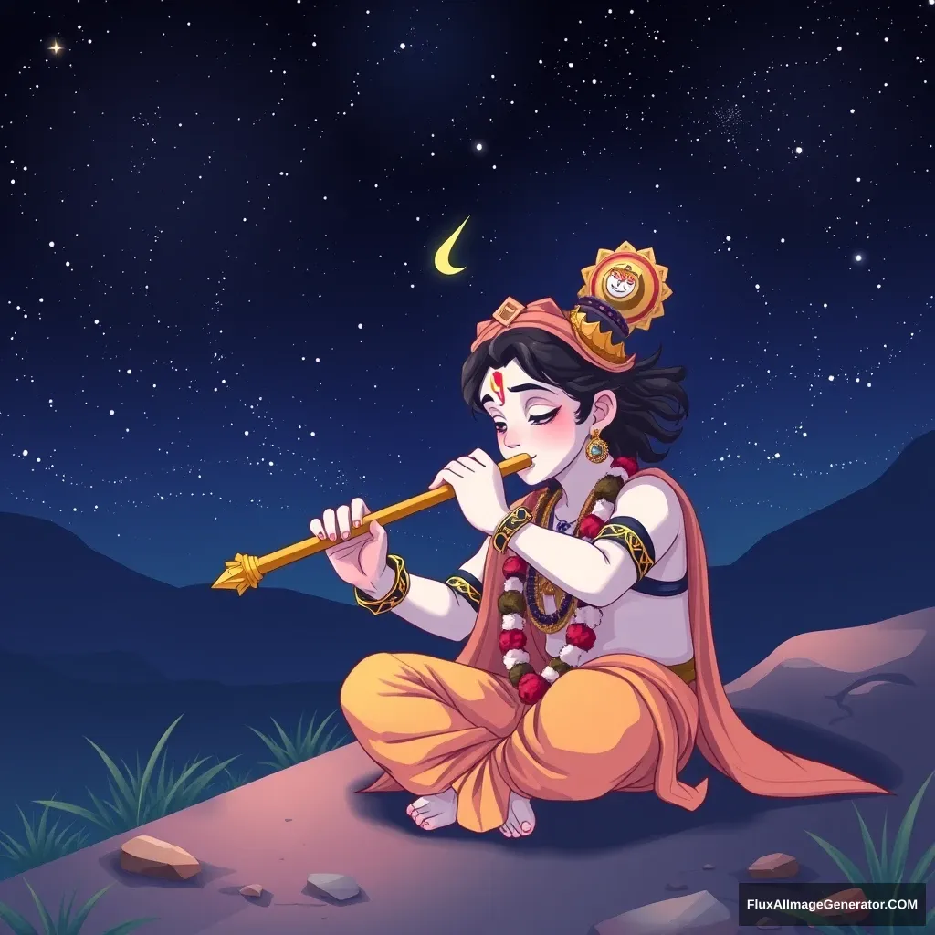 Anime style Krishna, playing flute, peaceful place, watching night stars.