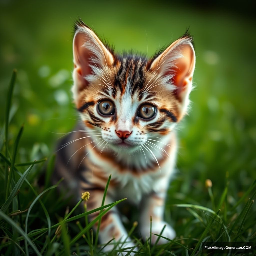 Portrait of a lovely kitten on the grass, looking towards the camera curiously, panoramic view, light tracing, global lighting effects, 2k.