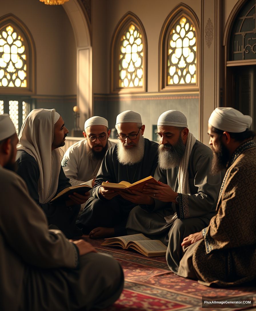 A group of Muslims earnestly studying and discussing the teachings of Prophet Muhammad SAW, set in a tranquil and scholarly environment. Ultra HD, realistic, educational, with warm and cinematic lighting. - Image