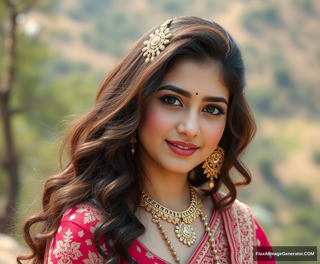 She is a white girl (no deformed body), face, fit, blushing, thick body, brunette hair, new imaginary hairstyles, face, outdoors at a beautiful natural place (Heaven), she is wearing a lehenga (full body, imaginary), face, cute poses, full body portrait, face, 15360x8640 taken by Phase One XF IQ4 150MP Camera (8k quality), super high-quality photo, Movie Still, saturated bold colors, face.