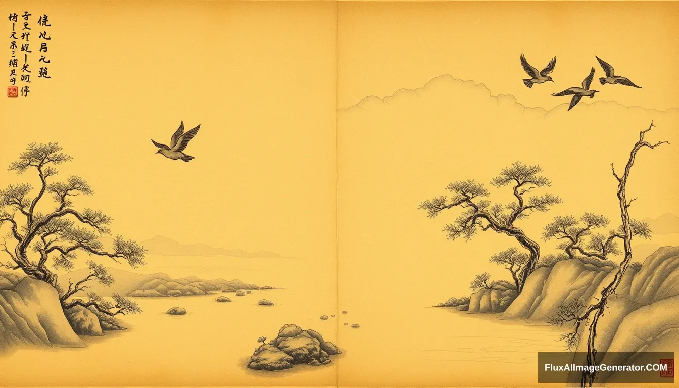 Chinese landscape painting from the Song Dynasty, yellowed paper, stream, flying birds, clouds, trees.