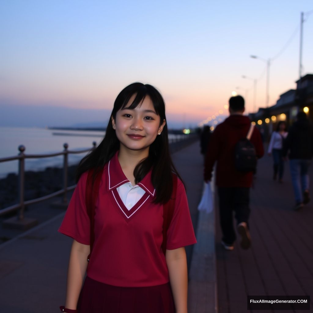 'Girl student walking by the seaside, beach, dusk, Chinese person, street, Chinese school uniform, young girl.'