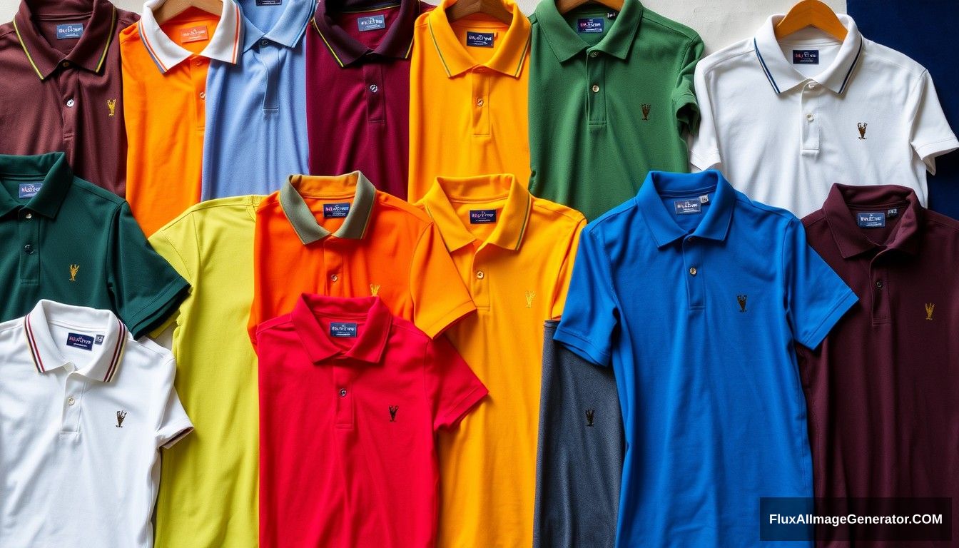 High-quality finished polo shirts in various colors and styles. - Image