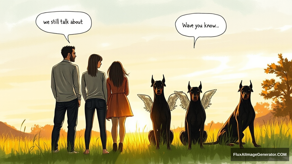 Messy, pencil sketch colour illustration: 4 silhouetted figures—2 male, 2 female—stand in a lush meadow at golden hour. 3 ethereal, winged dobermans sit beside them. Facing away from the viewer. Speech bubbles float above: "We still talk about you" (human), "We know" (dog). Nostalgic atmosphere, loose brushstrokes convey wistful longing.