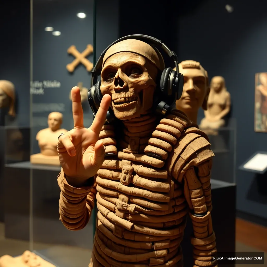 "Museum artifacts, a mummy wearing headphones, V-sign gesture, interesting shots, funny actions, amusing works, exhibits, toothy smiles." - Image