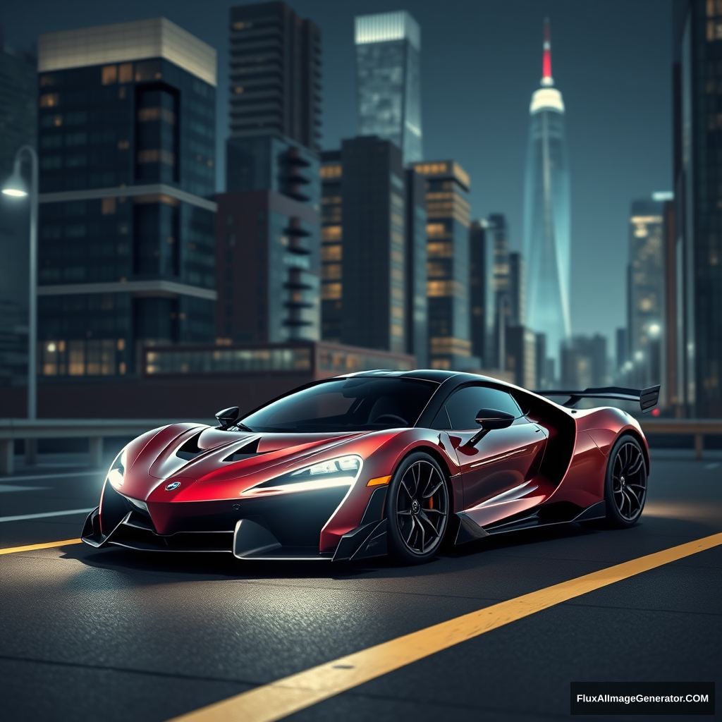 A realistic new model hyper car with a vector city background in a night view. - Image