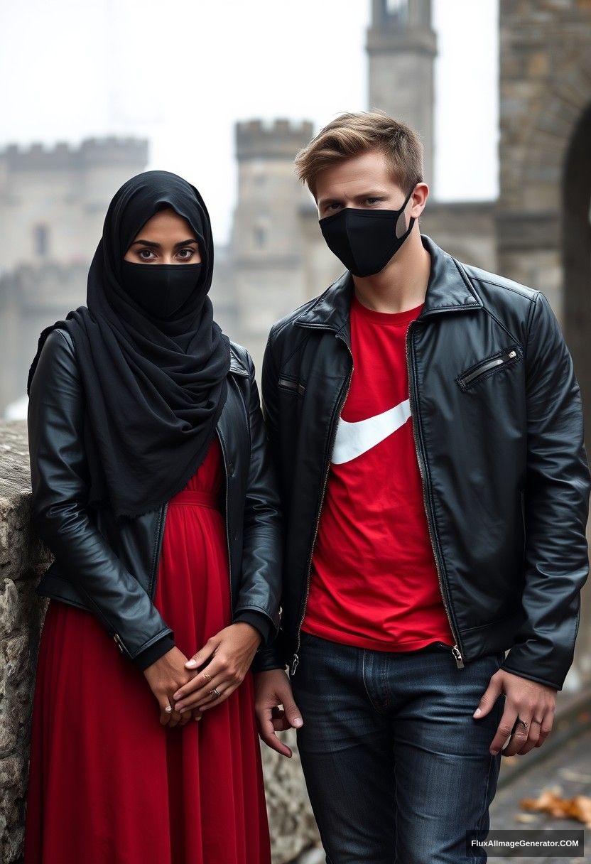 A big black hijab girl, beautiful eyes, wearing a black face mask, in a black leather jacket, and a long red dress, not very tall,

Jamie Dornan, handsome, wearing a black face mask, with a fit and tough body, in a red Nike t-shirt, black leather jacket, and jeans, a tall man,

standing together near a wall,
hyper-realistic, photorealistic, street photography, at Victoria's abandoned castle, gloomy, dark.