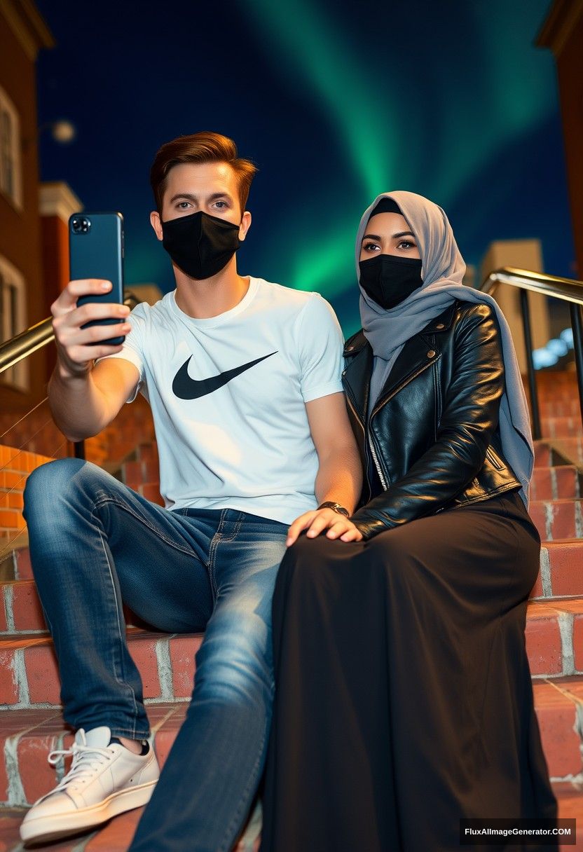 Jamie Dornan, tall and handsome, wearing a black face mask, a white Nike T-shirt, and jeans, is dating a beautiful Muslim girl in a grey hijab with stunning eyes. She is also wearing a black face mask, a leather jacket, and a very long and wide skirt, though she is not tall. They are sitting on a brick staircase in town, in a photorealistic street photography style, capturing selfies at night with an aurora borealis backdrop. - Image