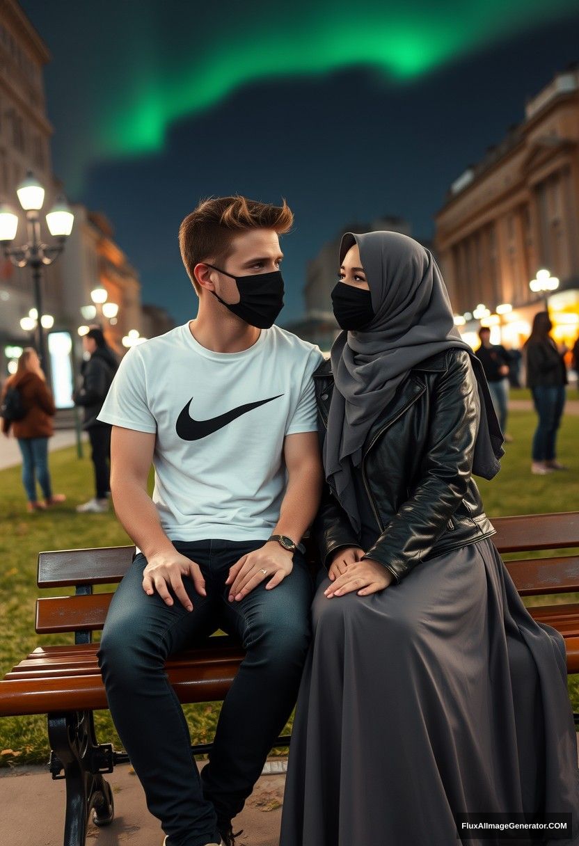 Jamie Dornan, tall, young, black face mask, white Nike t-shirt, jeans,

dating romantically with a grey hijab-wearing Muslim girl, beautiful eyes, black face mask, leather jacket, very long and wide skirt, not a tall girl,

sitting together on a park bench, talking to each other, in town, strangers in the background, photorealistic, street photography, selfie photos, night scenery, aurora borealis.