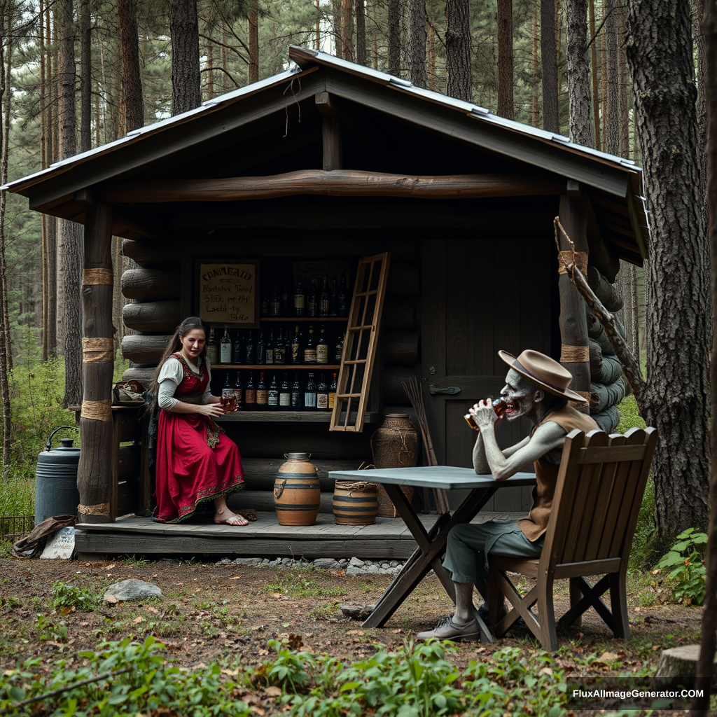 Real-life photography, long shot: In the forest, there is a wooden cabin where a female barbarian resembling a magical girl is selling alcohol, and a dressed zombie comes to buy some. Next to the cabin, there are a table and two chairs, with a zombie wearing a hat sitting and drinking.