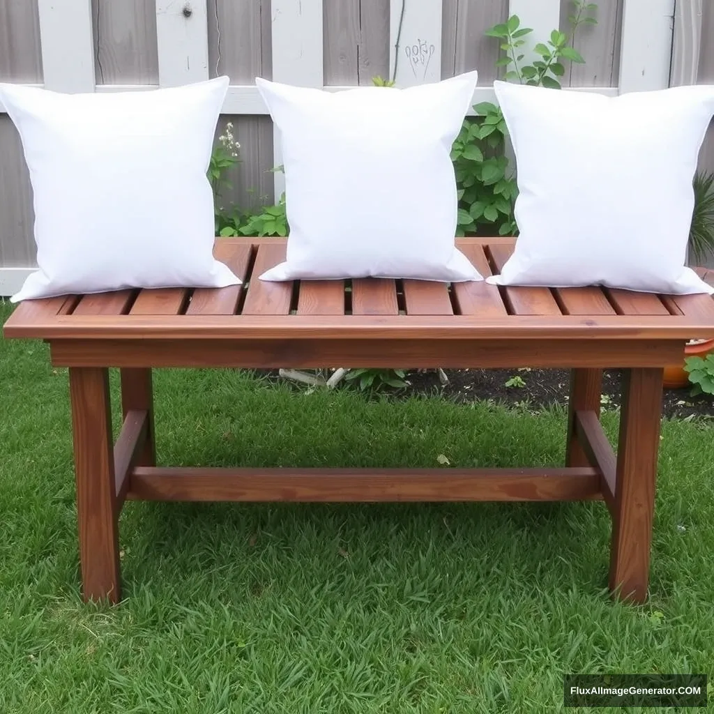 Five white square covers on a wooden garden table.