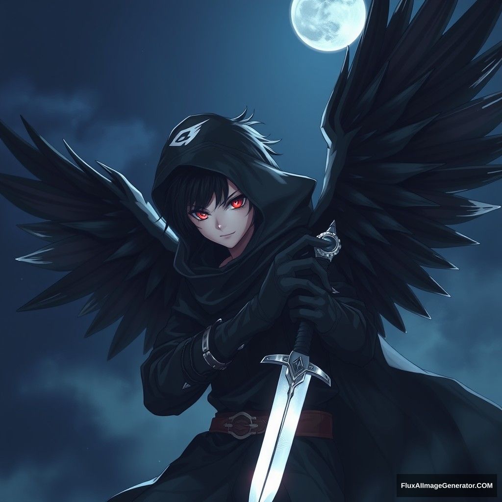 Under the cover of night, a nimble young assassin emerges. He possesses crow-like wings that stretch out like black feathers, sharp and mysterious. His eyes gleam with a fierce red light, revealing a piercing gaze that seems to see through everything. His black hair dances lightly in the wind, contrasting with the lightweight black cloak he wears, which glimmers faintly in the moonlight. He tightly grips a silver dagger, which appears to radiate a mysterious glow in the darkness. This image presents an enigmatic charm, while also conveying a sense of caution and vigilance. - Image