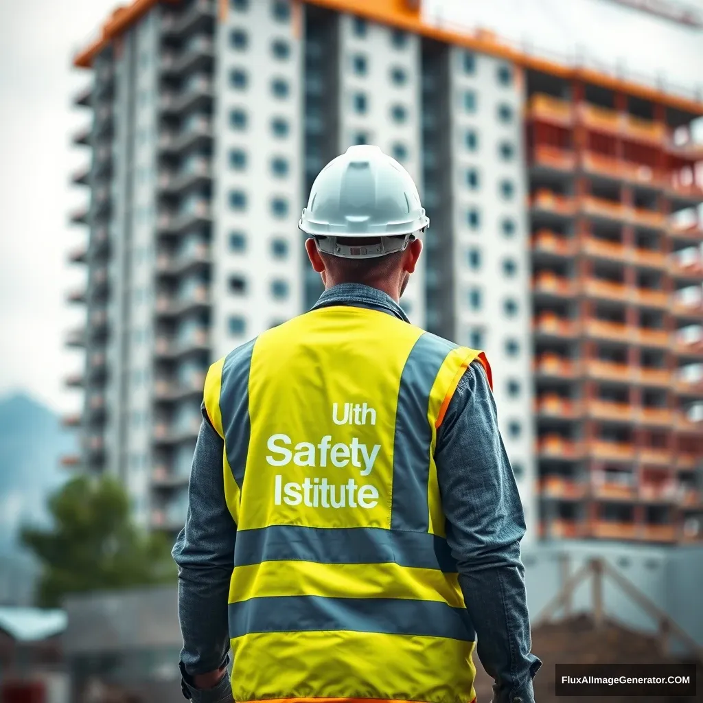 A photorealistic image of a construction worker walking toward a construction site. There is a high rise building under construction in the background. The construction worker is facing toward the camera. The construction worker is about 10 feet away from the camera. He is wearing a yellow vest that has “Utah Safety Institute” in white letters on the left chest. He is also wearing a white safety hat. - Image