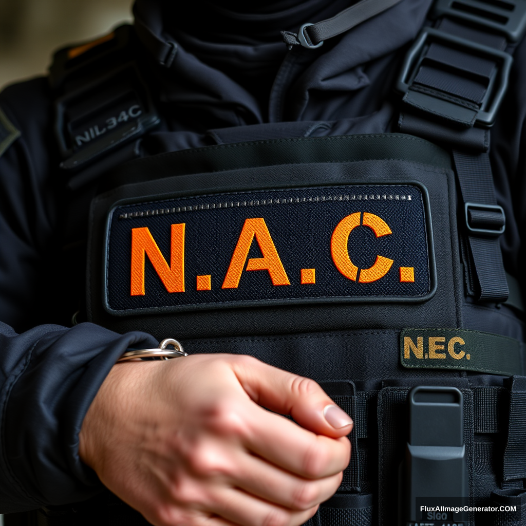 A soldier in black gear with a black and orange inscription N.A.C. on his vest is wearing handcuffs. - Image