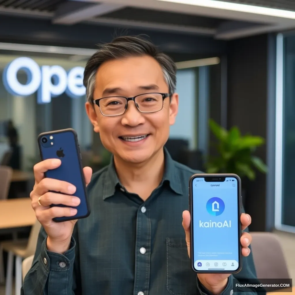 Lee Hsien Loong holds a phone and the phone screen shows the KainoAI app, with the background at the OpenAI office. - Image