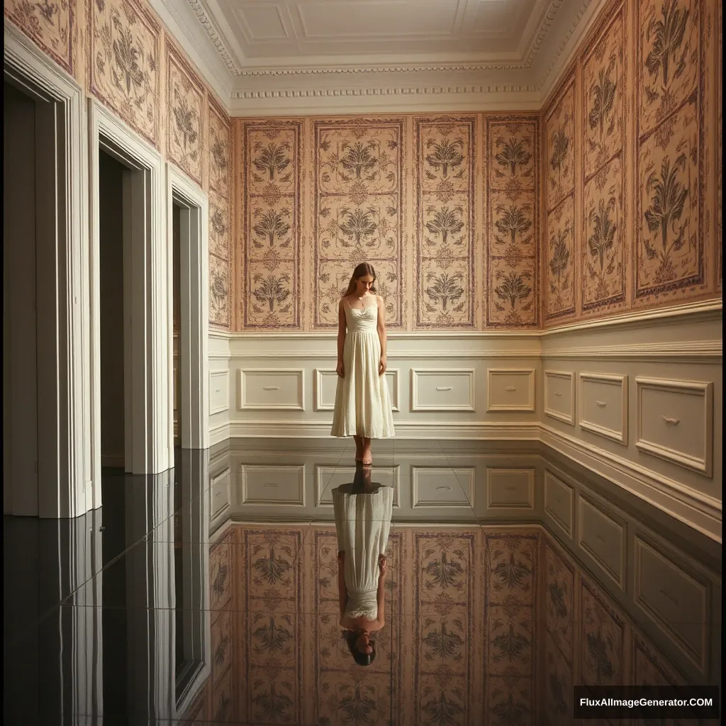 "A room, the floor is a mirror, I am wearing a dress, I look down."