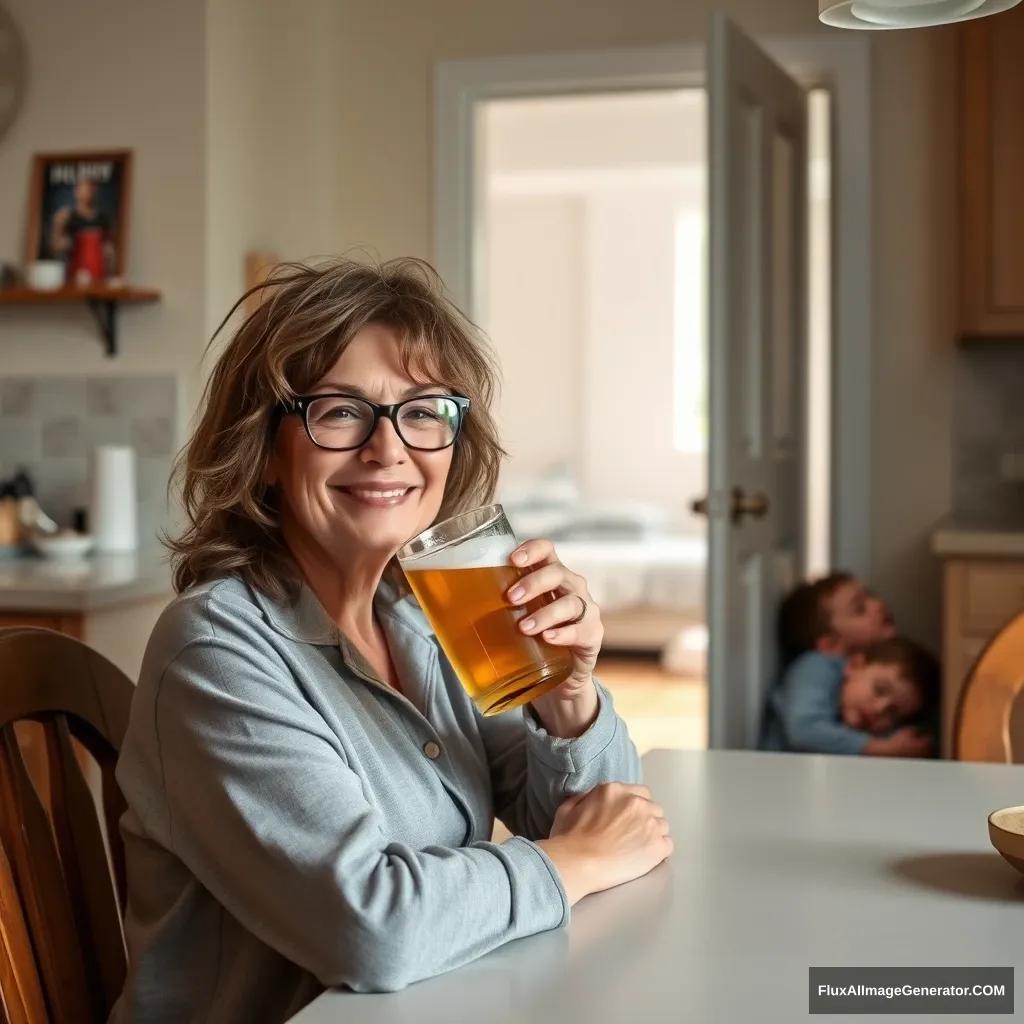 A woman in her late 30s with glasses, wearing pajamas, her hair disheveled, sitting at the kitchen table, drinking a beer with a happy expression. Two boys are sleeping in the open doorway.