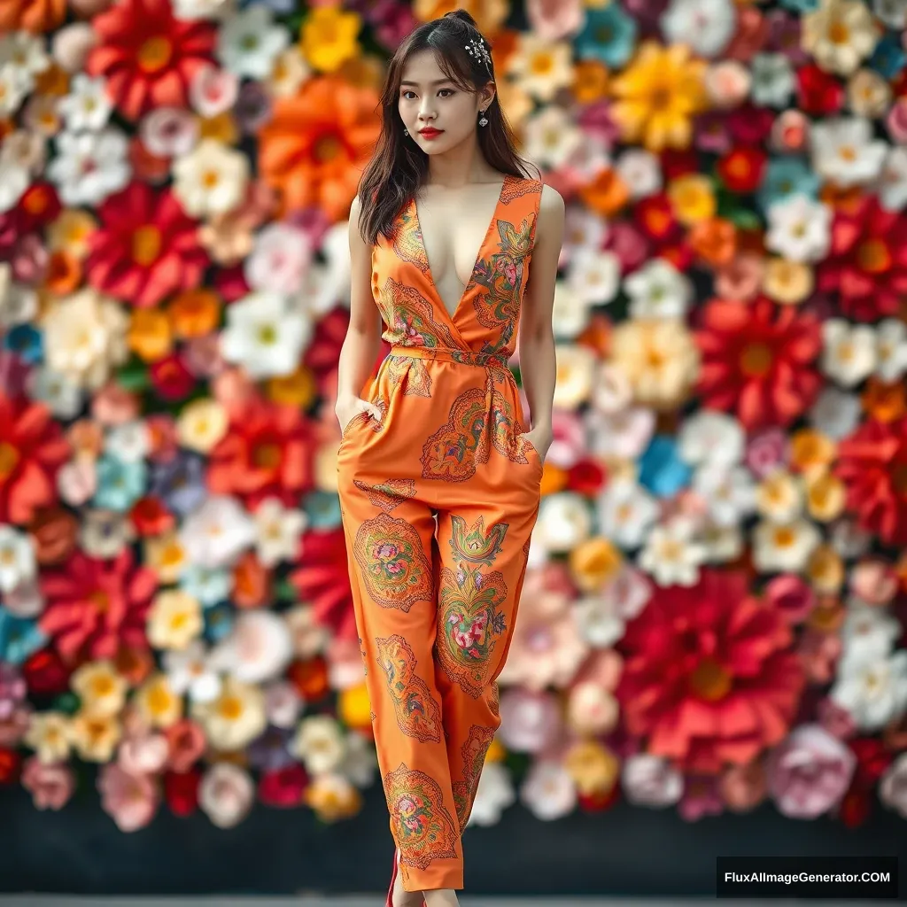 A Korean female fashion model (elegant and gorgeous) is wearing a jumpsuit styled one-piece (colorful patterned based on orange), red high heels, with a silver hairpiece. The front of the top is open, against a colorful flower wall (defocused).