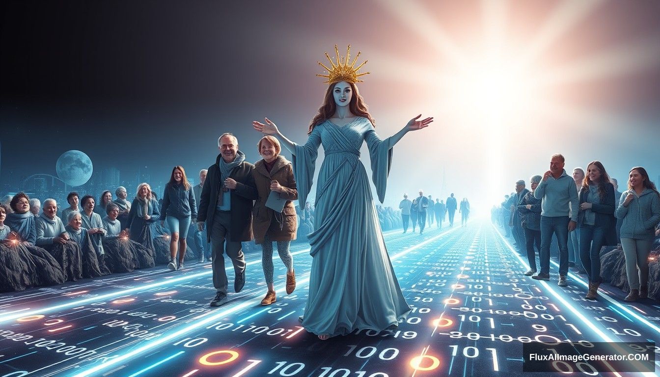 Hyper-realistic style featuring a powerful and inspiring image depicting the concept of blockchain and decentralization. In the foreground, a futuristic and sci-fi styled goddess symbolizing blockchain and decentralization leads the people towards a bright future. She stands on a digital road made of glowing lines and various random characters, including 0s and 1s, symbolizing the path of digitalization. She is surrounded by families and individuals of predominantly European descent who are joyous and supportive, embracing and helping each other. The scene is grand and panoramic, with light shining from the front, illuminating the entire scene. The background evokes a sense of hope and optimism. - Image