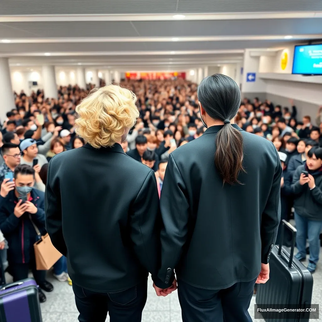 A man with curled, blonde, ear-length hair and a man with low pony-tailed ebony hair are holding each other's hands in front of a huge crowd of fans at the airport, showing their backs. Both are styled like K-pop idols, and the blonde man is taller. - Image