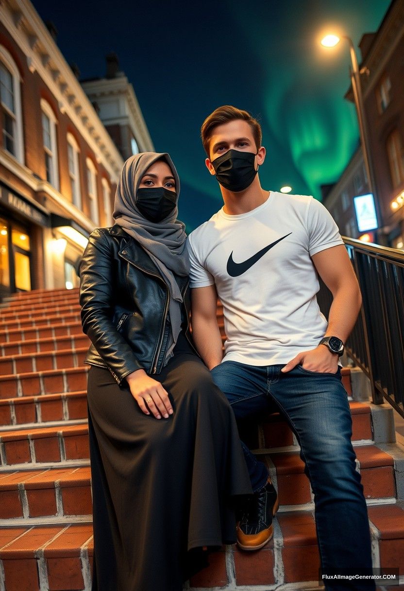 Jamie Dornan, tall, handsome, black face mask, white Nike T-shirt, jeans,

dating a beautiful Muslim girl in a grey hijab, with beautiful eyes, black face mask, leather jacket, wearing the longest and biggest skirt, not a tall girl,

sitting on brick stairs in town, photorealistic, street photography, selfie photos, night scenery, aurora borealis.