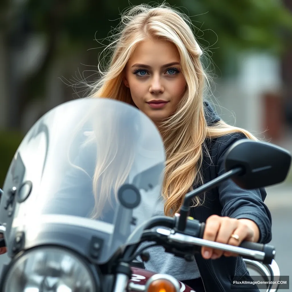 A young woman with blond hair and blue eyes is riding a motorcycle; she is Japanese.