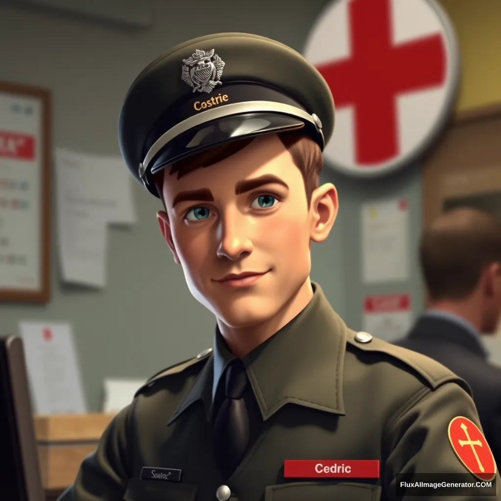 Swiss border guard, rank corporal, his name is Cedric, works at the desk, everybody's darling, realistic. - Image