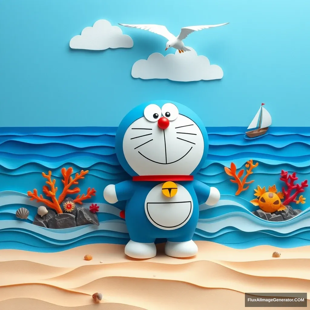 Doraemon, the beloved blue robot cat, stands on a sandy beach, his iconic round body a delightful contrast against the vast blue expanse of the ocean. The scene is rendered in a beautiful papercraft style, with intricate folds and layers that give the image a tactile, almost three-dimensional quality. The beach is made of layered paper, with realistic textures and subtle color variations that mimic the shifting sands. Tiny seashells and pebbles are scattered around, crafted with painstaking detail.

The ocean is depicted with translucent blue paper, capturing the movement and texture of the water. Tiny, layered paper waves gently roll towards the shore, while a paper sailboat sails merrily in the distance, its sails billowing in the breeze.

Behind Doraemon, a vibrant coral reef bursts with life, crafted from colorful, textured papers. Brightly colored fish swim amongst the coral, their scales shimmering in the sunlight. Above, a bright blue sky stretches out, crafted from layered paper with delicate cloud shapes floating across its surface. A lone seagull flies overhead, its wings outstretched in the sky.

Doraemon stands with a gentle smile, his iconic pocket seemingly ready to unleash a new gadget or adventure. Every detail of Doraemon, from his whiskers to the stitching on his pocket, is meticulously rendered in the papercraft style, making him appear almost tangible. The overall effect is one of joyous whimsy and wonder, capturing the magic of Doraemon and the beauty of the beach in a uniquely tactile and imaginative way. - Image