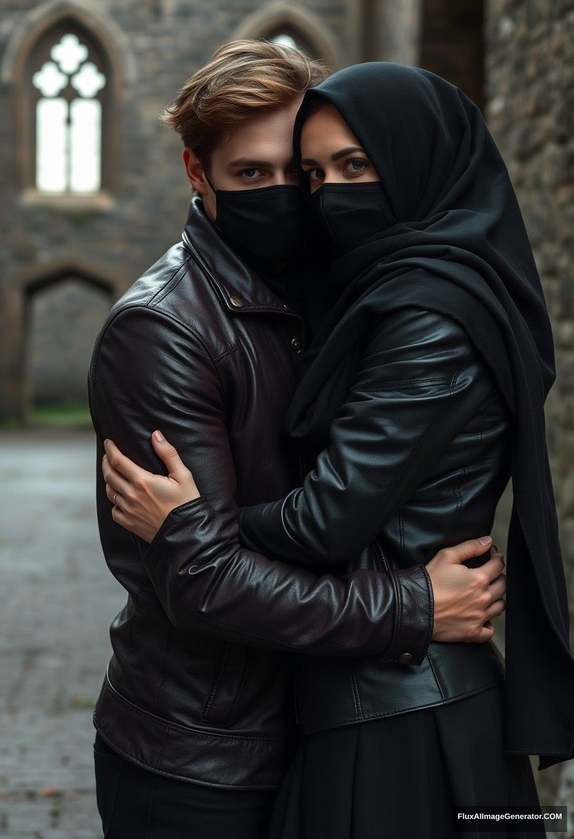 Jamie Dornan's head and body shot, handsome, face mask black, black leather jacket, dating, love hug with the biggest black hijab Muslim girl, not tall, beautiful eyes, face mask, maroon leather jacket, biggest black skirt, hyper realistic, studio photography, full body photo, explore at abandoned castle, gloomy.