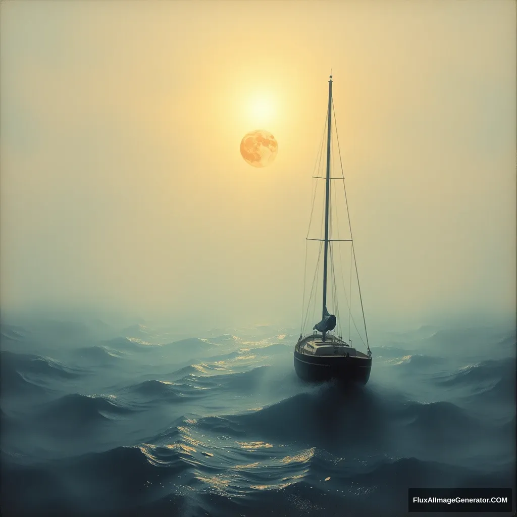 Surreal painting, intense and determined, imagining a boat sailing in a vast sea, surreal and rough vision, foggy sun and moon dimly shining, blended photography, cinematically conceived, 3:4 aspect ratio, raw style at 4K quality.