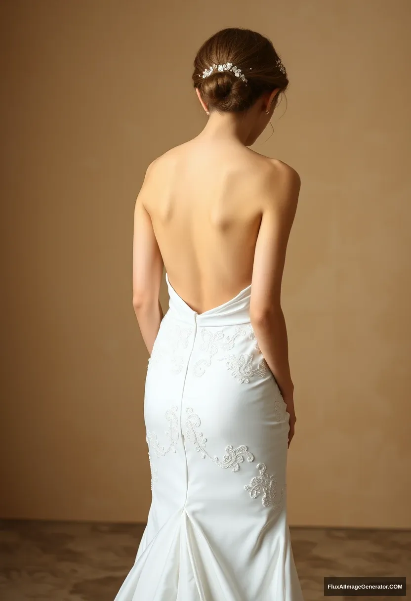 a short young woman, sensitive, delicate, ashamed, backless strapless low-waisted wedding dress, in front of patriarchy, expectations - Image